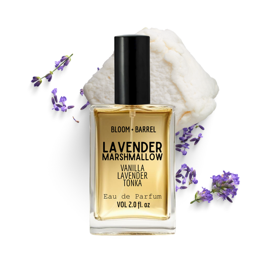 Perfume bottle labeled 'Lavender Marshmallow' by Bloom & Barrel with lavender flowers on a white background