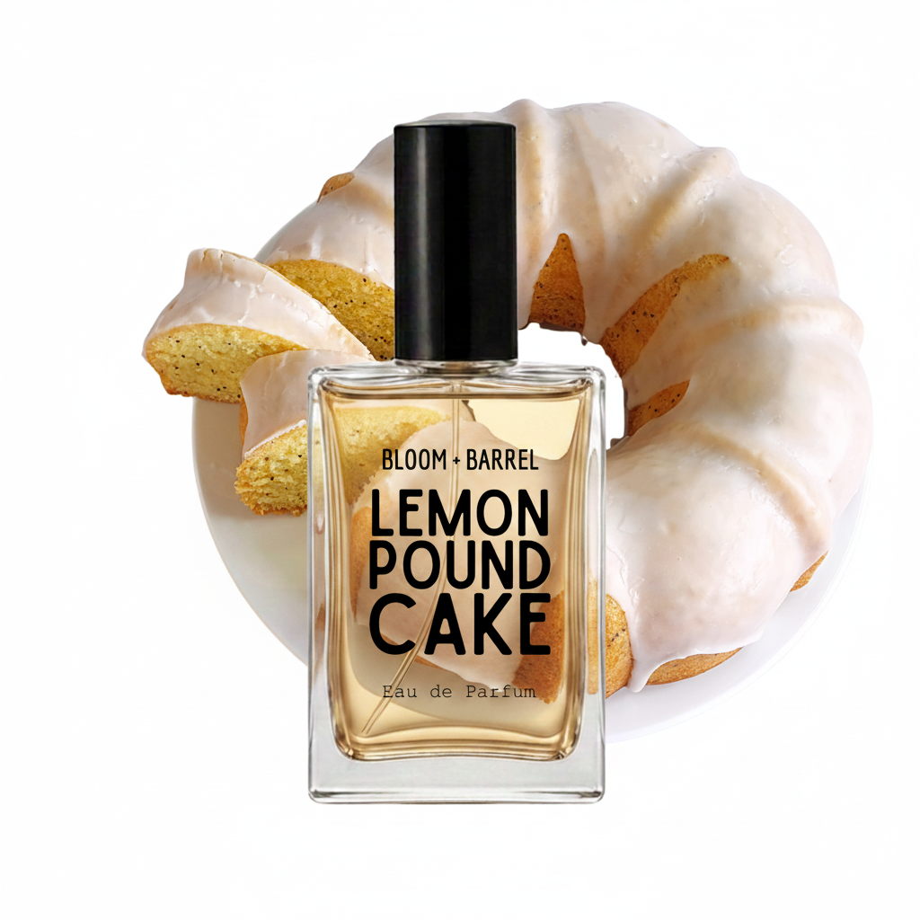 A perfume bottle labeled 'BLOOM • BARREL LEMON POUND CAKE Eau de Parfum' centered in front of a stylized lemon pound cake on a white background.