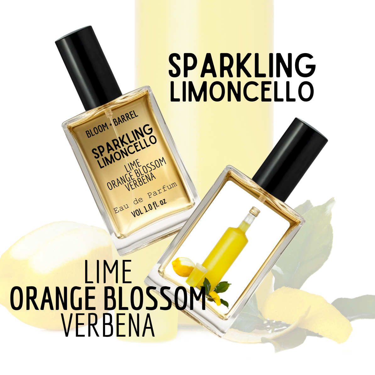 Perfume bottle labeled 'Sparkling Limoncello' with text 'Lime Orange Blossom Verbena' on a white background.