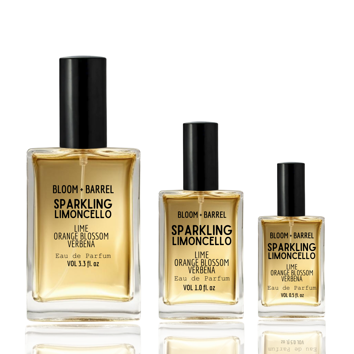 Three bottles of Bloom & Barrel Sparkling Limoncello perfume on a white background