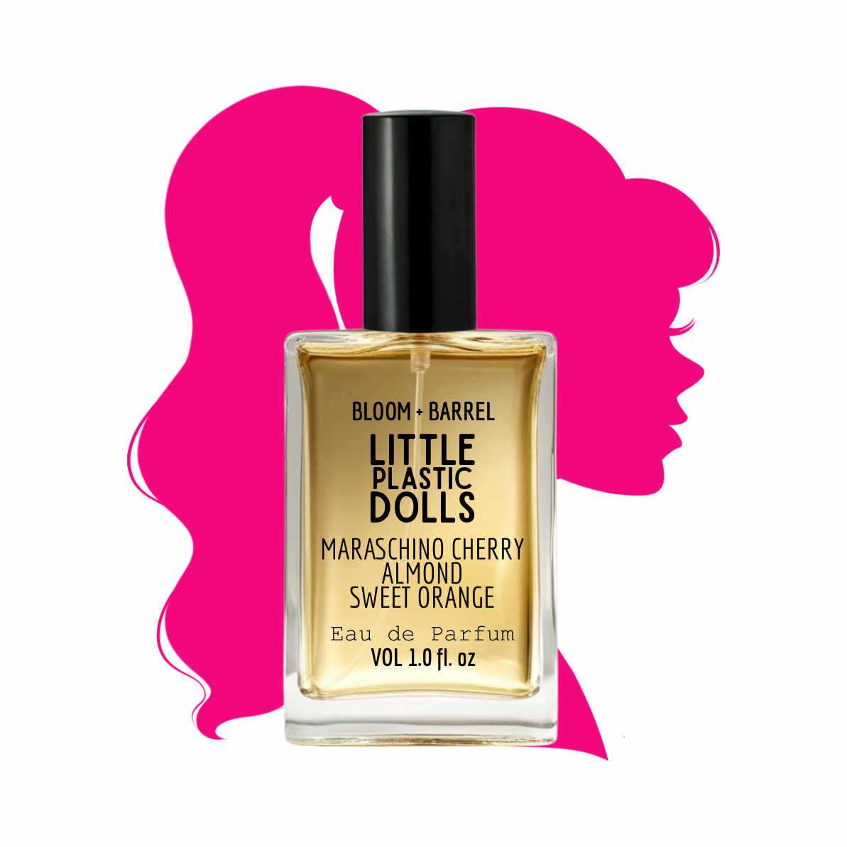 Perfume bottle labeled 'Little Plastic Dolls' with a pink silhouette of a woman's face in the background