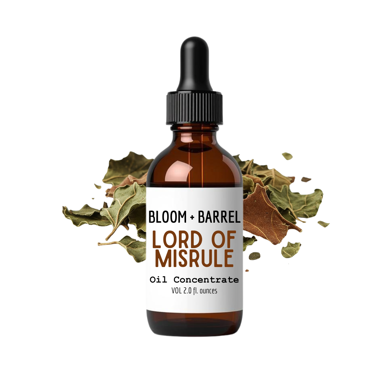 Bottle of Bloom + Barrel Lord of Misrule Oil Concentrate with dried leaves on a white background
