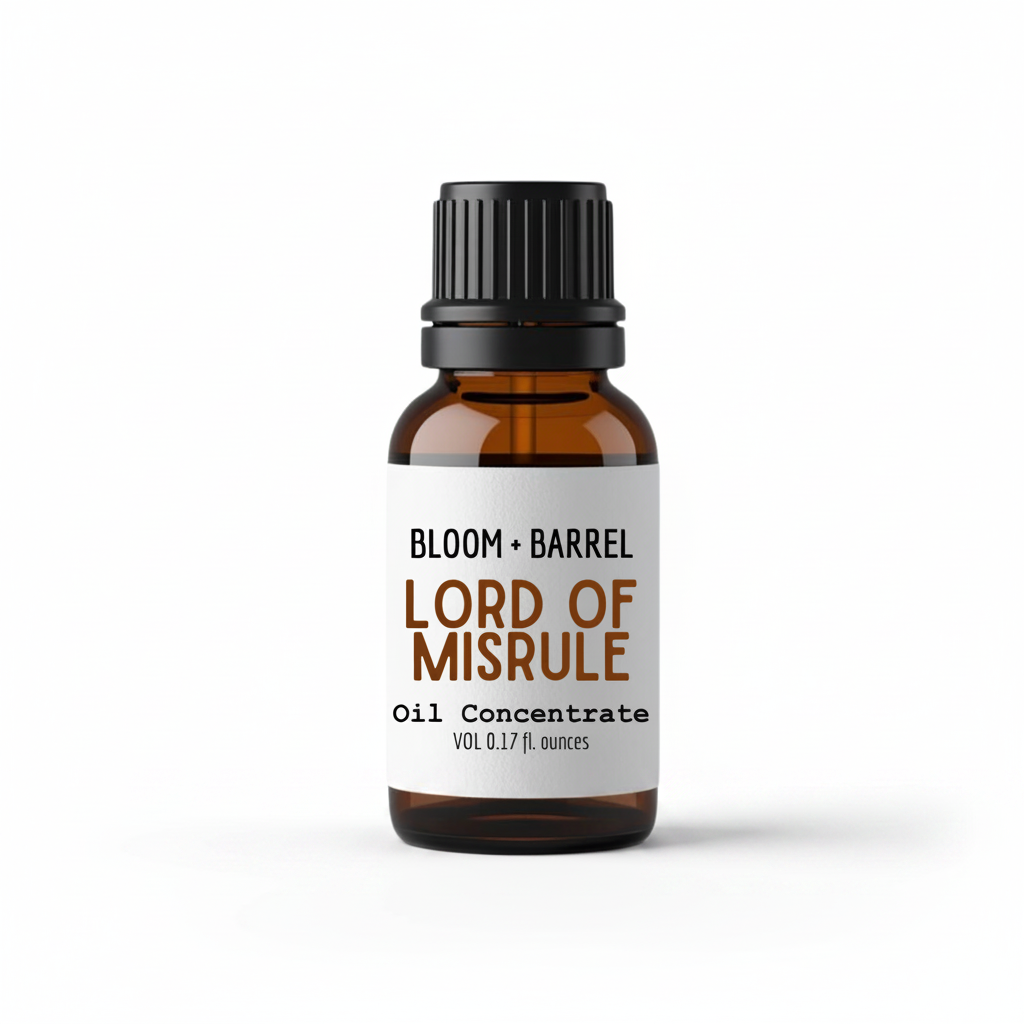 Bottle of 'Lord of Misrule' oil concentrate by Bloom & Barrel on a white background