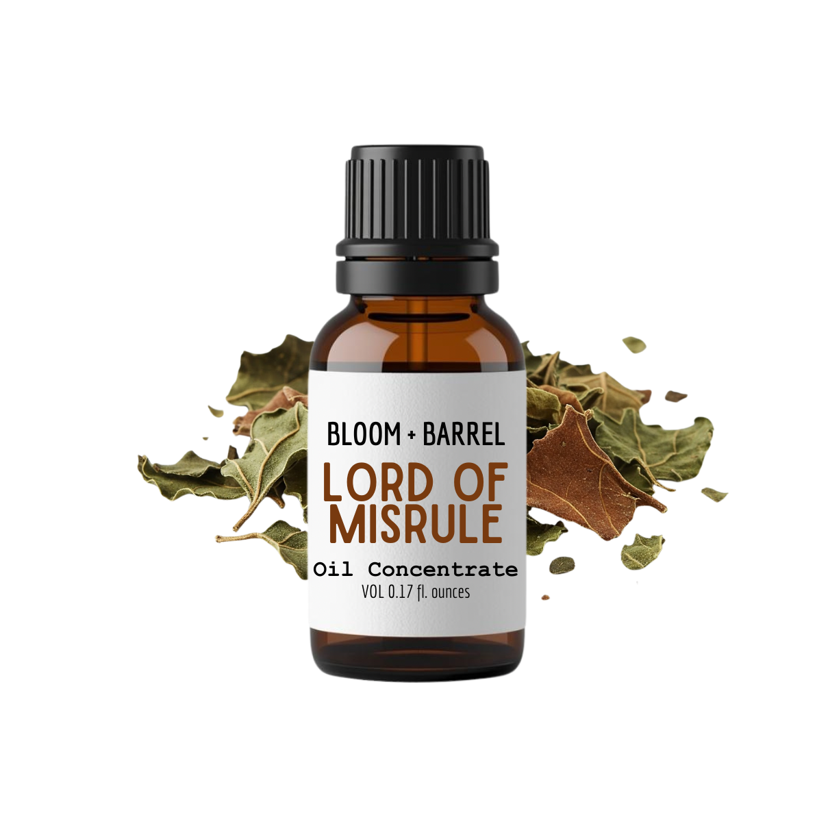 Bottle of 'Lord of Misrule' oil concentrate by Bloom & Barrel with dried leaves on a white background