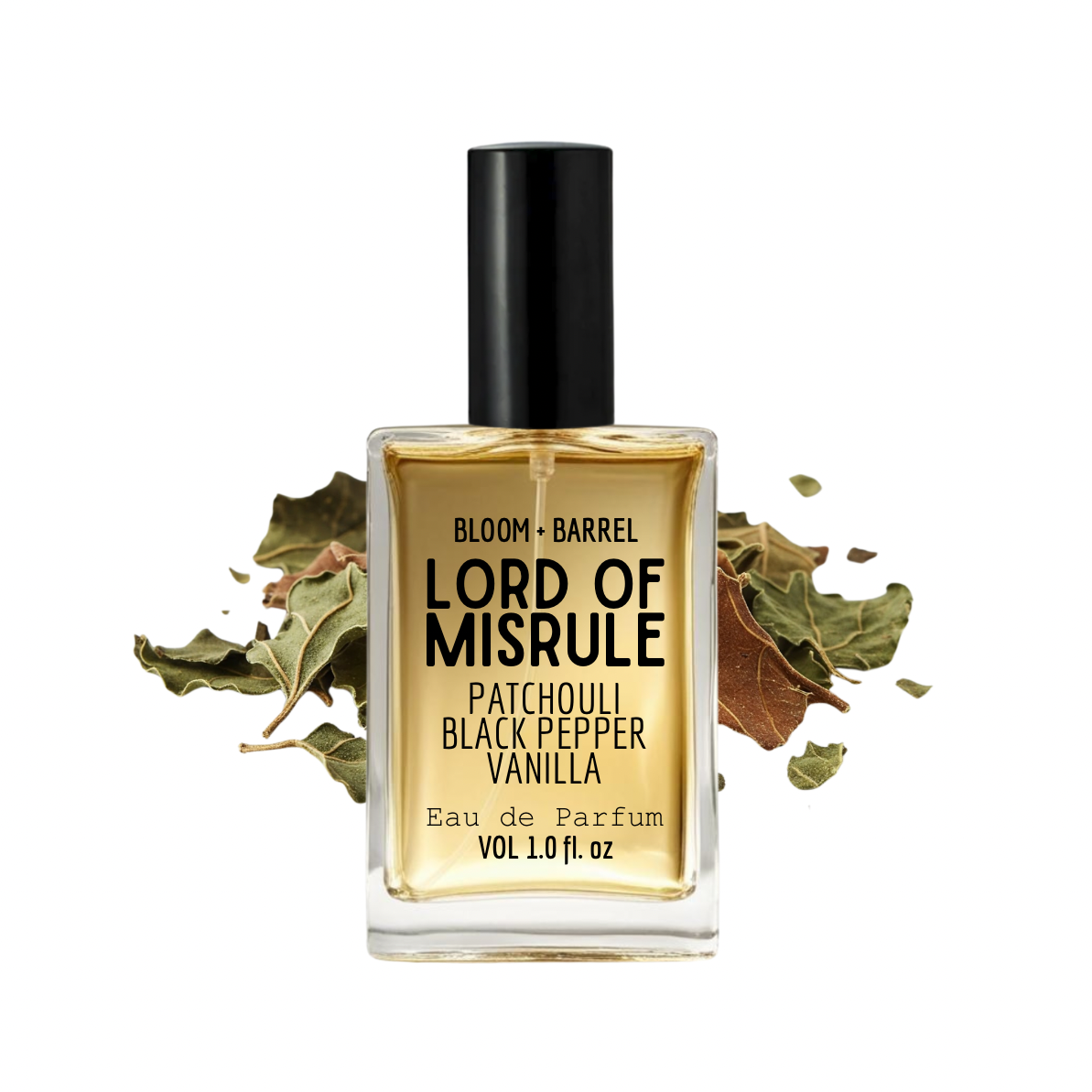 Perfume bottle labeled 'Lord of Misrule' with leaves on a white background