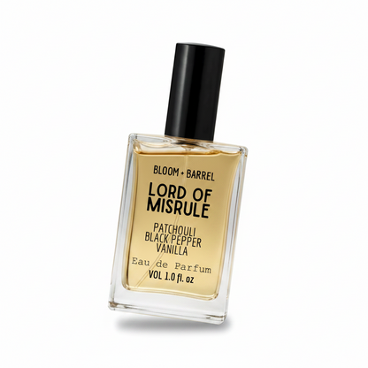 Perfume bottle labeled 'Lord of Misrule' by Bloom & Barrel on a white background