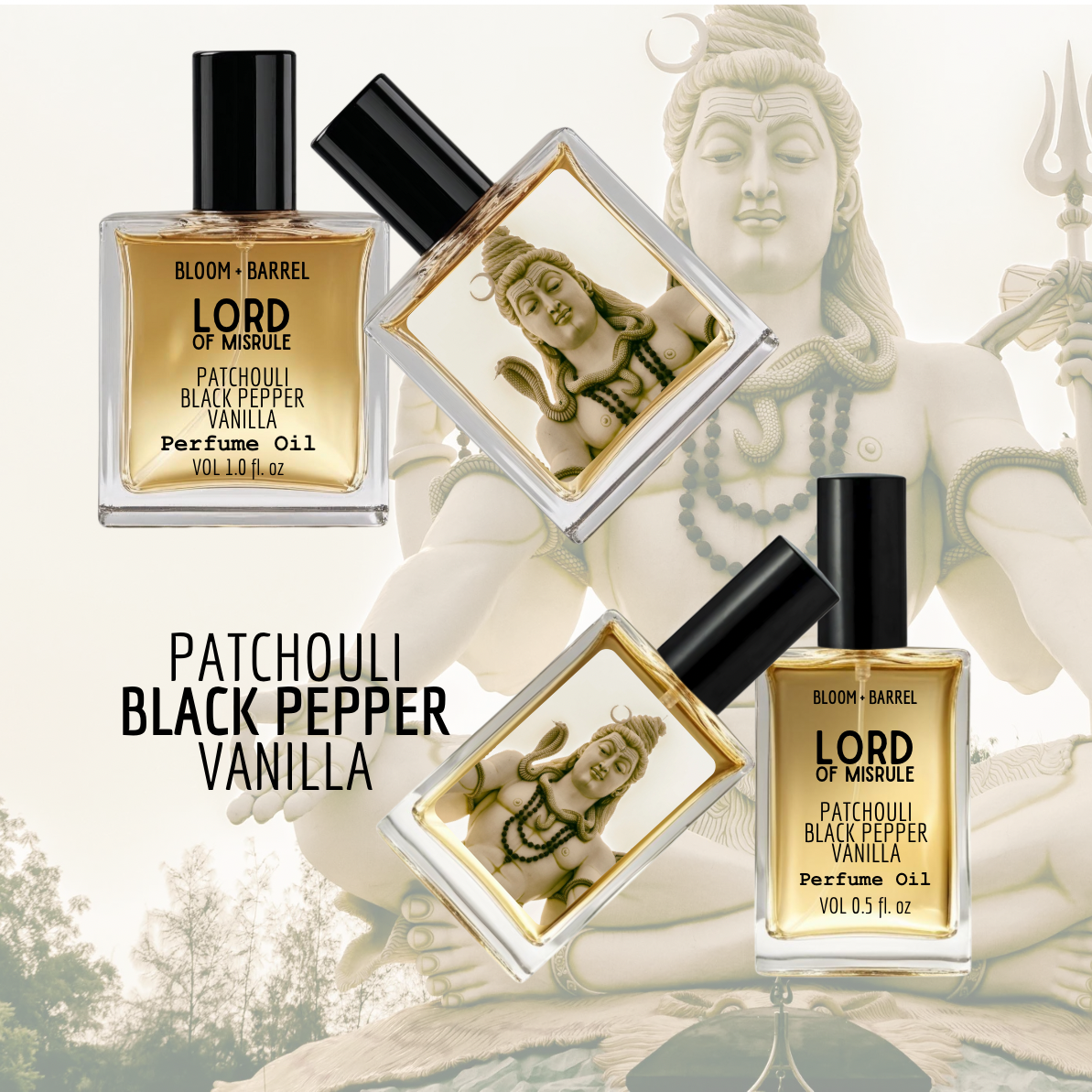 Perfume bottles labeled 'Lord of Misrule' with a statue in the background