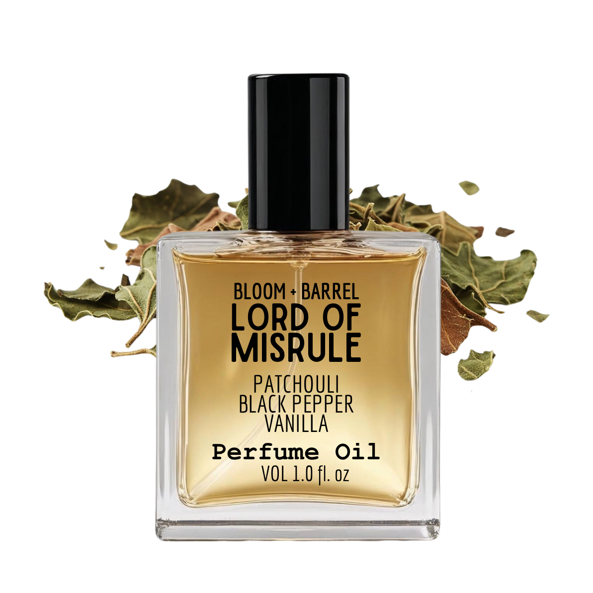Perfume oil bottle labeled 'Lord of Misrule' with dried leaves on a white background