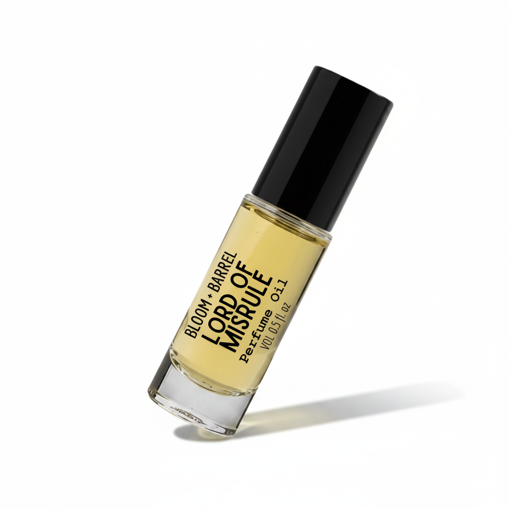 Perfume bottle labeled 'Lord of Misrule' by Bloom & Barrel on a white background