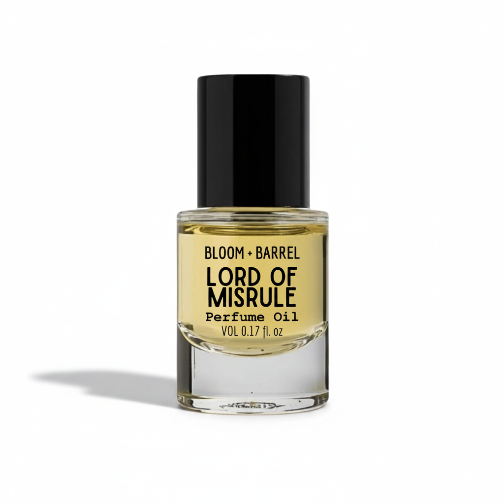 Perfume oil bottle labeled 'Lord of Misrule' by Bloom & Barrel on a white background