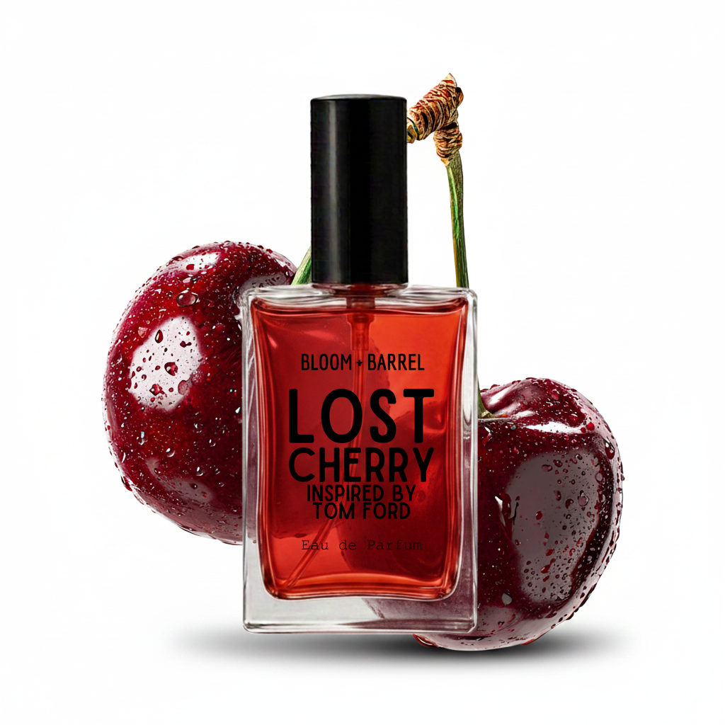 A bottle of Bloom + Barrel Lost Cherry Inspired by Tom Ford Eau de Parfum, featuring a clear glass bottle filled with vibrant red liquid and a black cap, styled with two glossy red cherries on a solid white background.