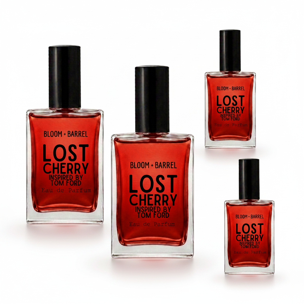 Four glass bottles of BLOOM + BARREL Lost Cherry Inspired by Tom Ford Eau de Parfum in different sizes, arranged on a plain white background.