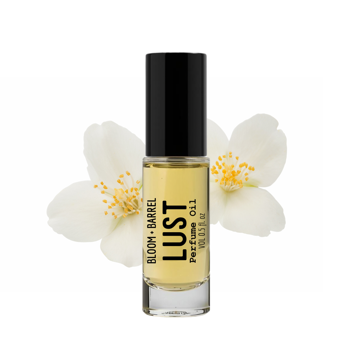Perfume bottle labeled 'Lust' by Bloom & Barrel with flowers on a white background
