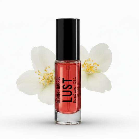 Perfume bottle labeled 'Lust' by Bloom & Barrel with flowers on a white background
