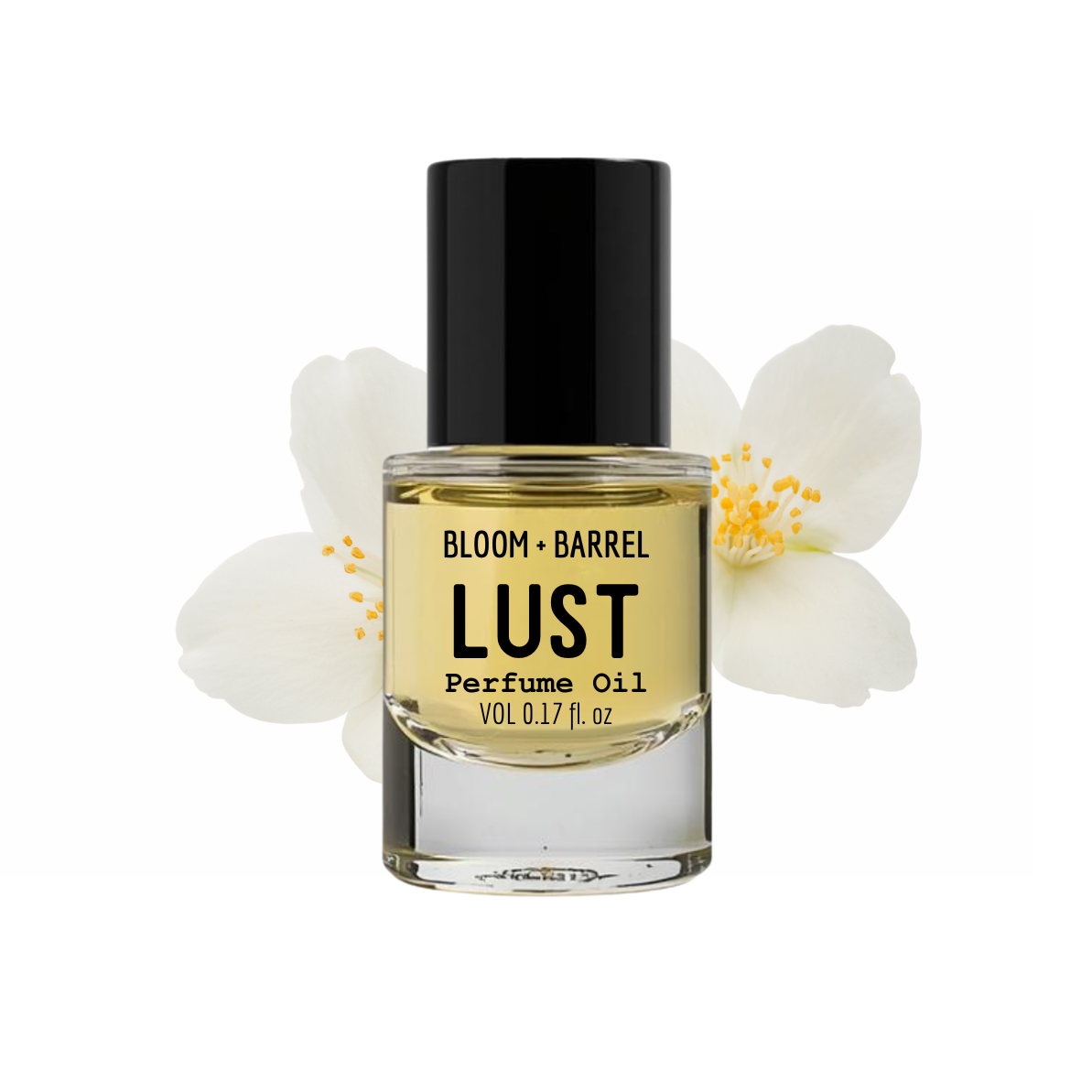 Perfume oil bottle labeled 'Lust' by Bloom & Barrel with flowers on a white background