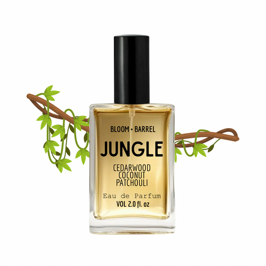 Perfume bottle labeled 'Jungle' with a branch and leaves on a white background