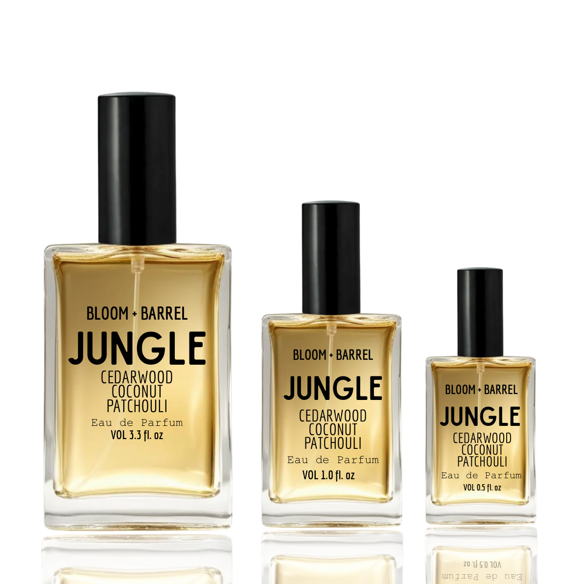 Three bottles of Bloom & Barrel jungle perfume on a white background