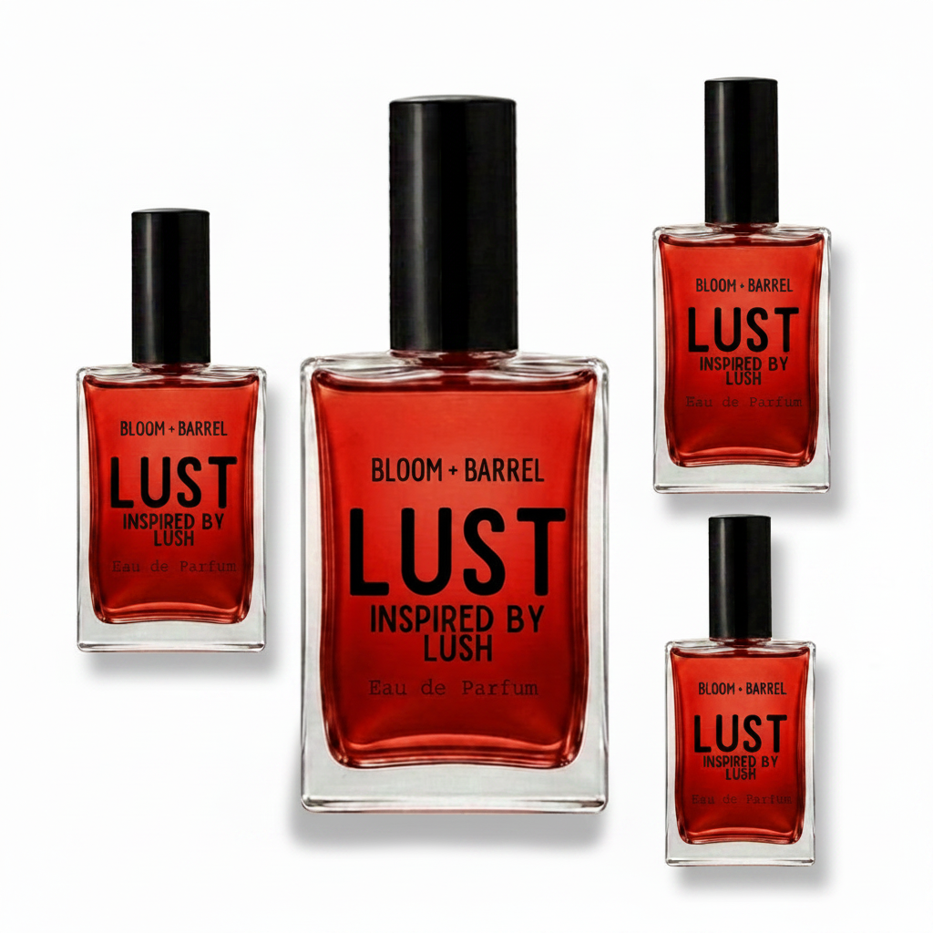 Four glass perfume bottles with black caps and red liquid, labeled BLOOM • BARREL LUST INSPIRED BY LUSH Eau de Parfum, arranged on a white background.