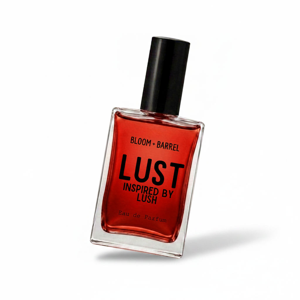 A rectangular glass bottle of Bloom Barrel Lust Eau de Parfum with a black cap, filled with a vibrant red liquid, set against a plain white background.