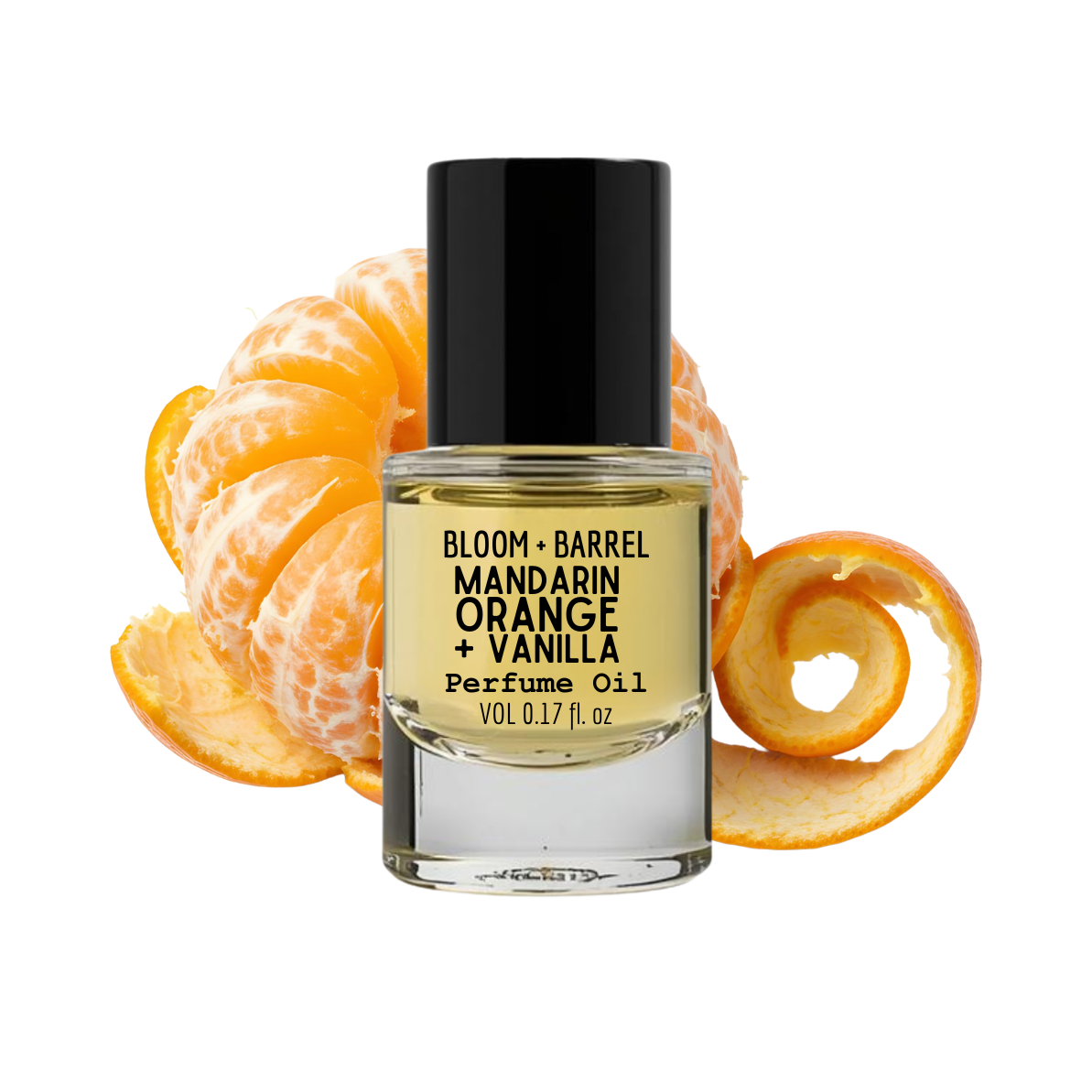 Perfume oil bottle labeled 'Bloom + Barrel Mandarin Orange + Vanilla' with mandarin orange slices on a white background