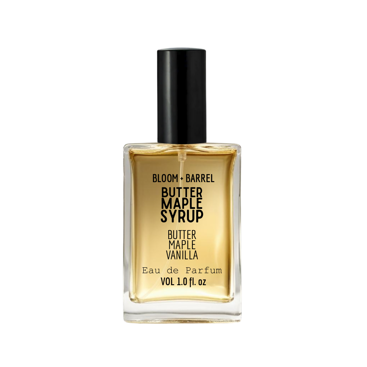 Bottle of Bloom & Barrel Butter Maple Syrup Eau de Parfum on a white background