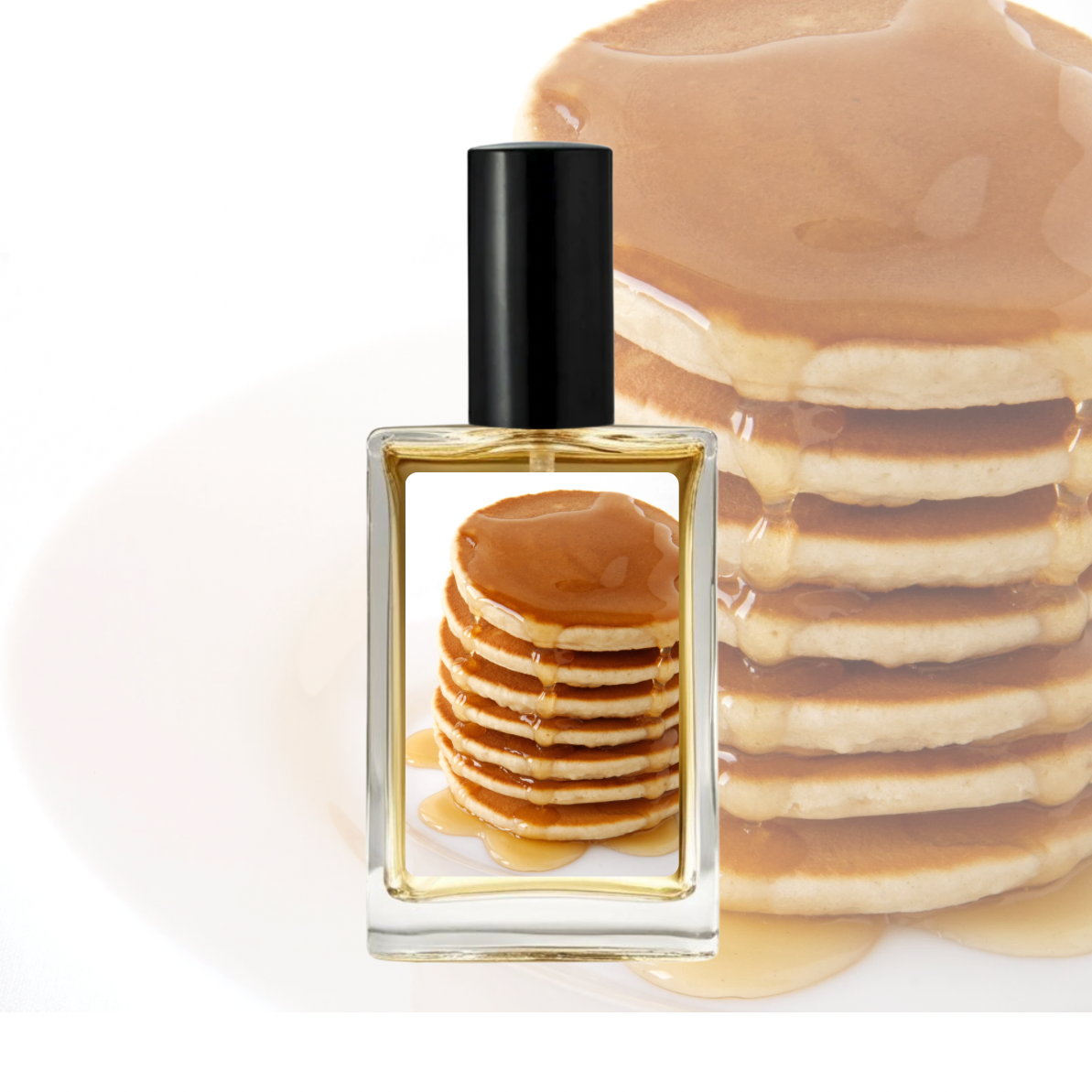 Perfume bottle with a design of pancakes and syrup on a white background