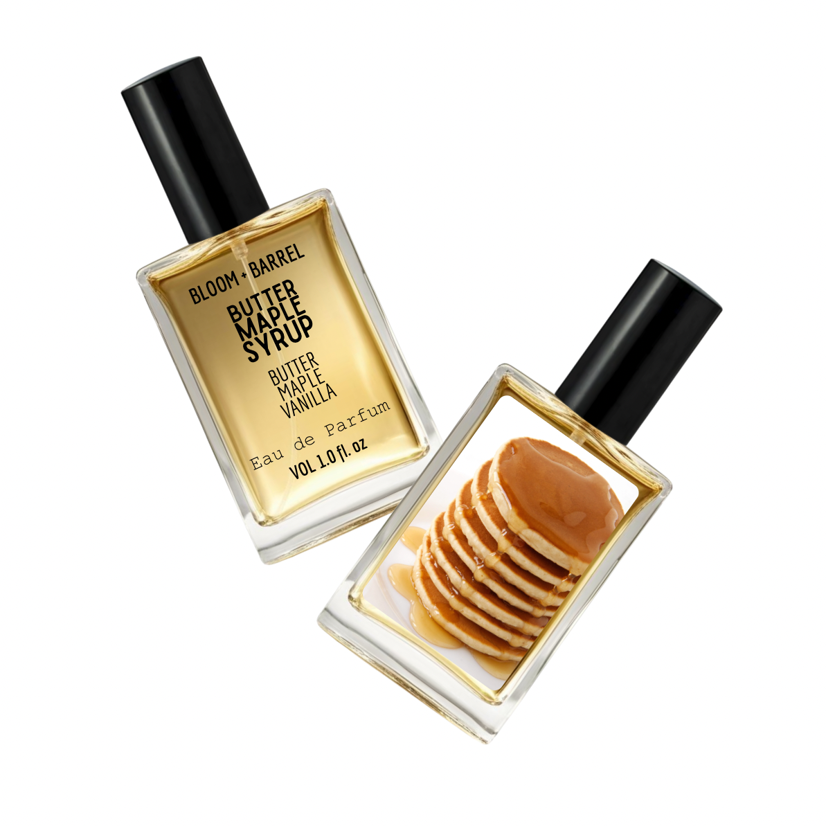 Two perfume bottles labeled 'Butter Maple Syrup' and 'Butter Maple Vanilla' on a white background.