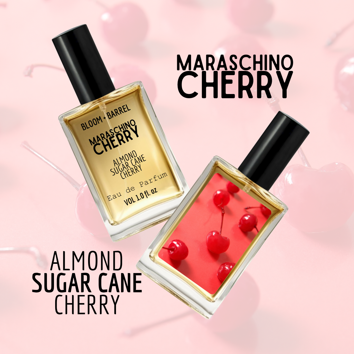 Two perfume bottles labeled 'Maraschino Cherry' on a pink background