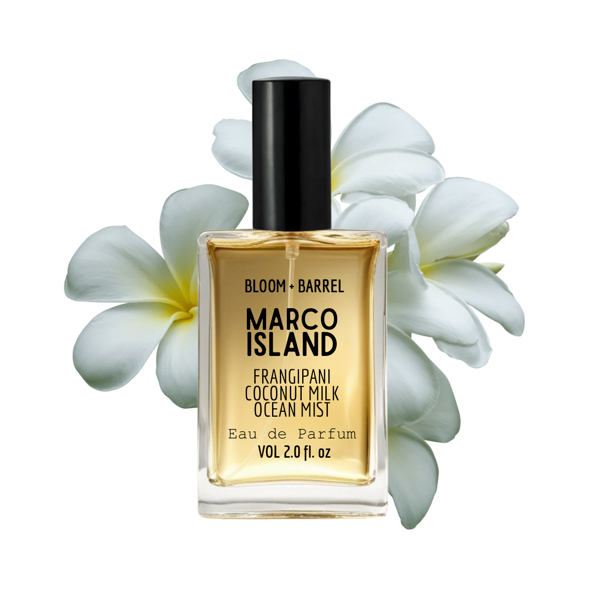 Perfume bottle labeled 'Marco Island' with white flowers on a white background