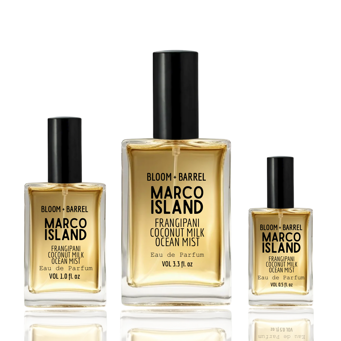 Three bottles of Bloom & Barrel Marigold Blossoms perfume on a white background