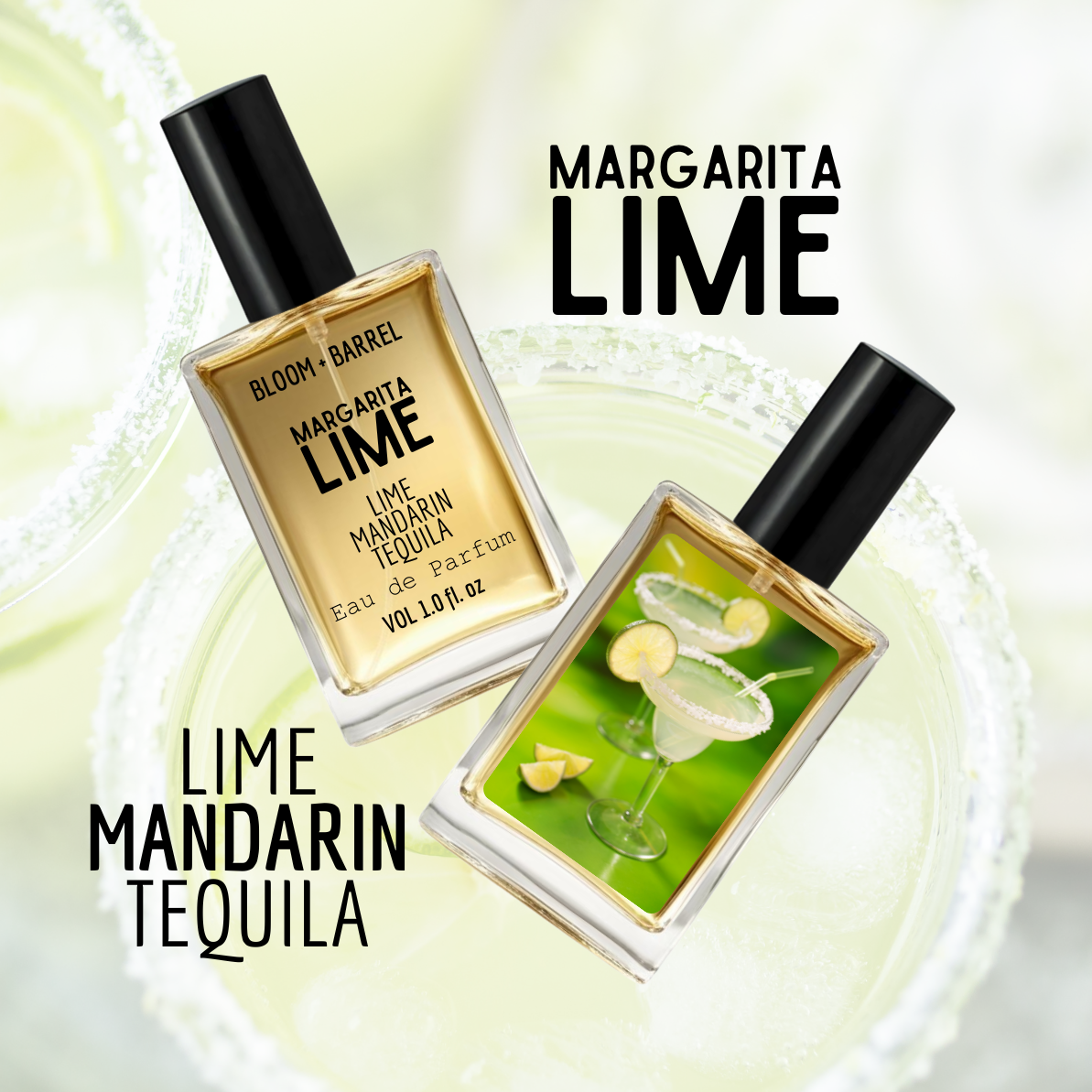 Two perfume bottles labeled 'Margarita Lime' with a cocktail graphic on a light green background.