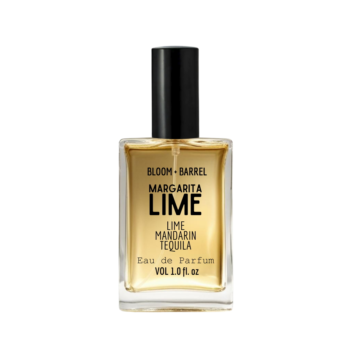 Perfume bottle labeled 'Bloom & Barrel Margarita Lime' on a white background