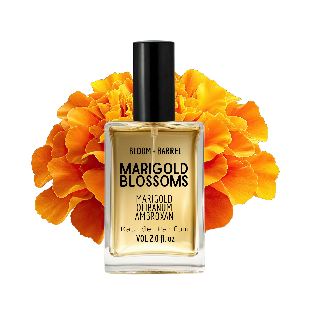 Perfume bottle labeled 'Marigold Blossoms' with marigold flowers on a white background
