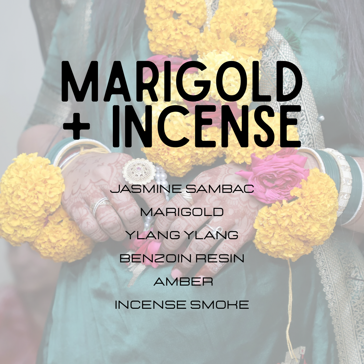 Product packaging with marigold flowers and incense, featuring text about ingredients.