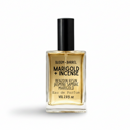 Bottle of Bloom + Barrel Marigold + Incense Eau de Parfum on a white background