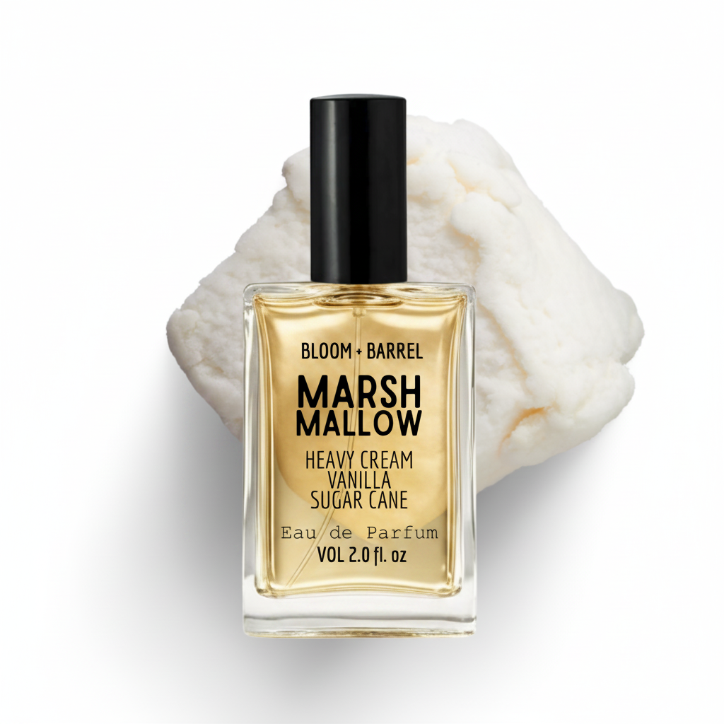 Perfume bottle labeled 'Marshmallow' by Bloom & Barrel on a white background