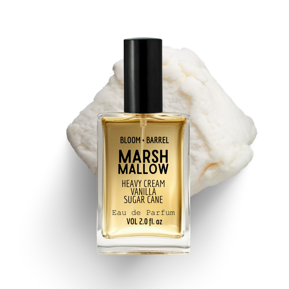 Perfume bottle labeled 'Marshmallow' by Bloom & Barrel on a white background