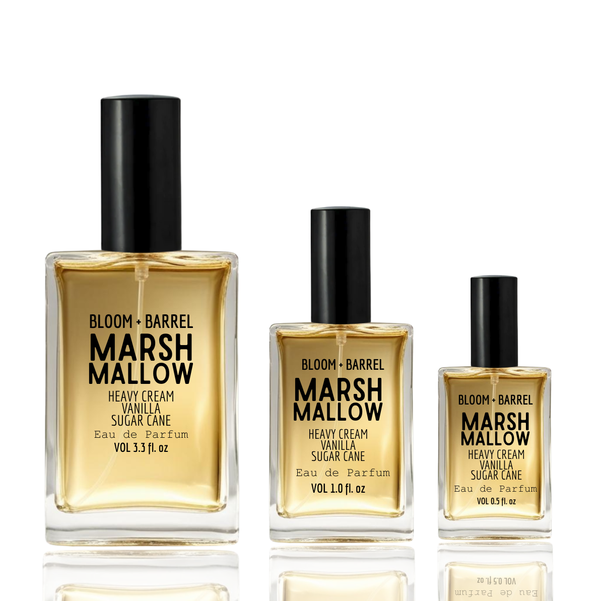 Three bottles of Bloom + Barrel Marshmallow perfume on a white background