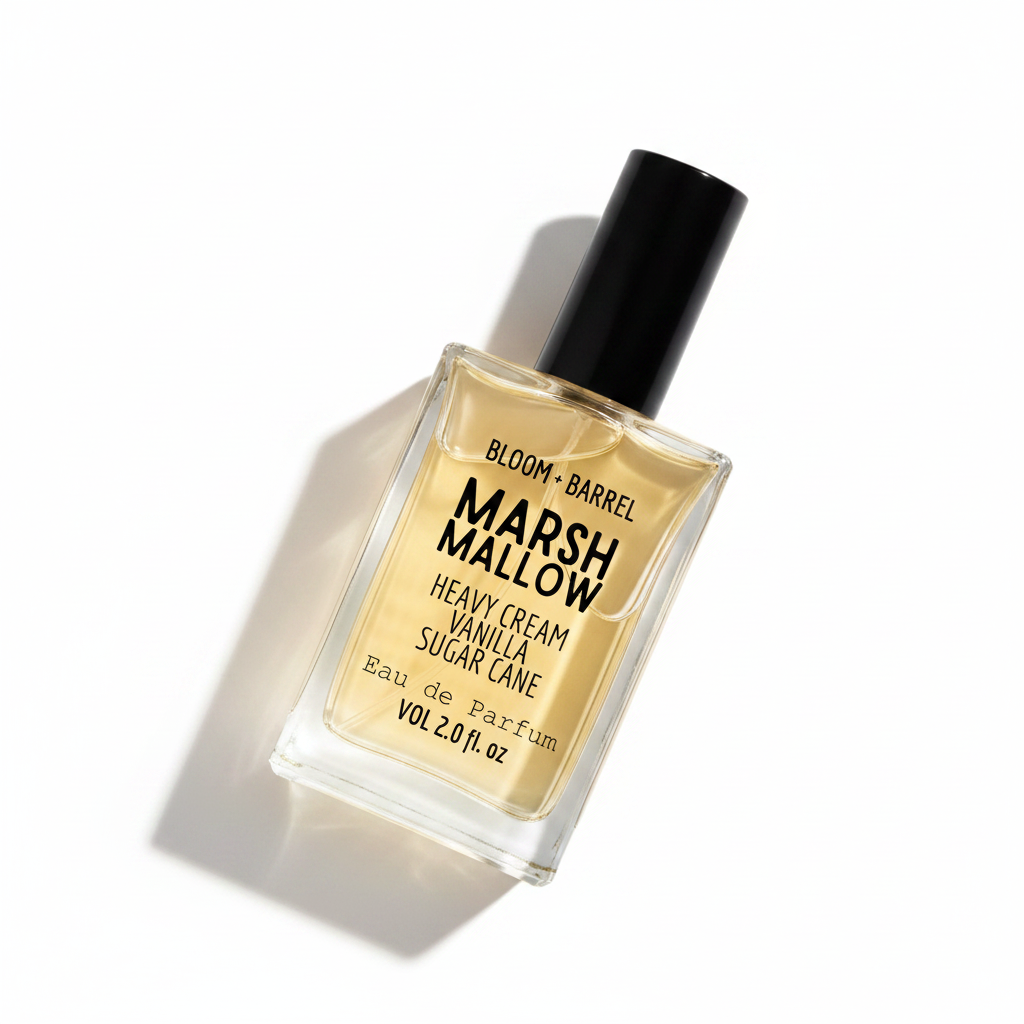 Perfume bottle labeled 'Marshmallow' by Bloom & Barrel on a white background