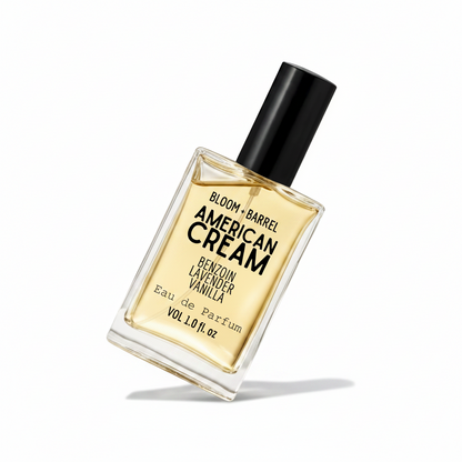 Perfume bottle labeled 'American Cream' by Bloom & Barrel on a white background