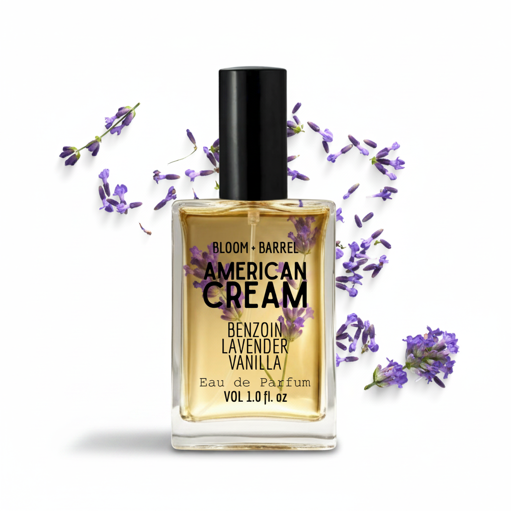 Perfume bottle labeled 'American Cream' with lavender flowers on a white background