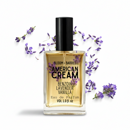 Perfume bottle labeled 'American Cream' with lavender flowers on a white background