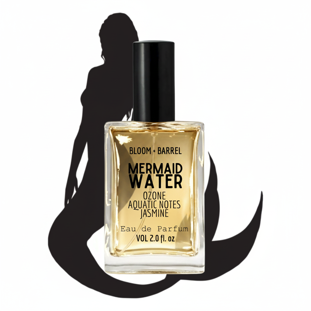 Perfume bottle labeled 'Mermaid Water' with a silhouette of a woman in the background