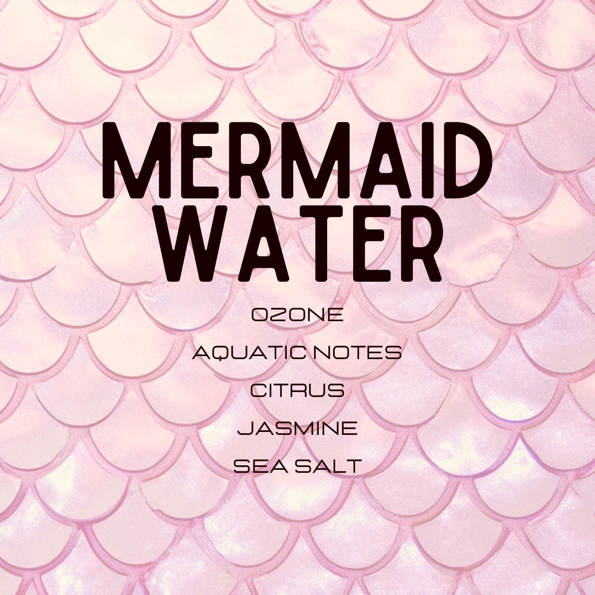 Mermaid water product with pink scale pattern and text listing notes.