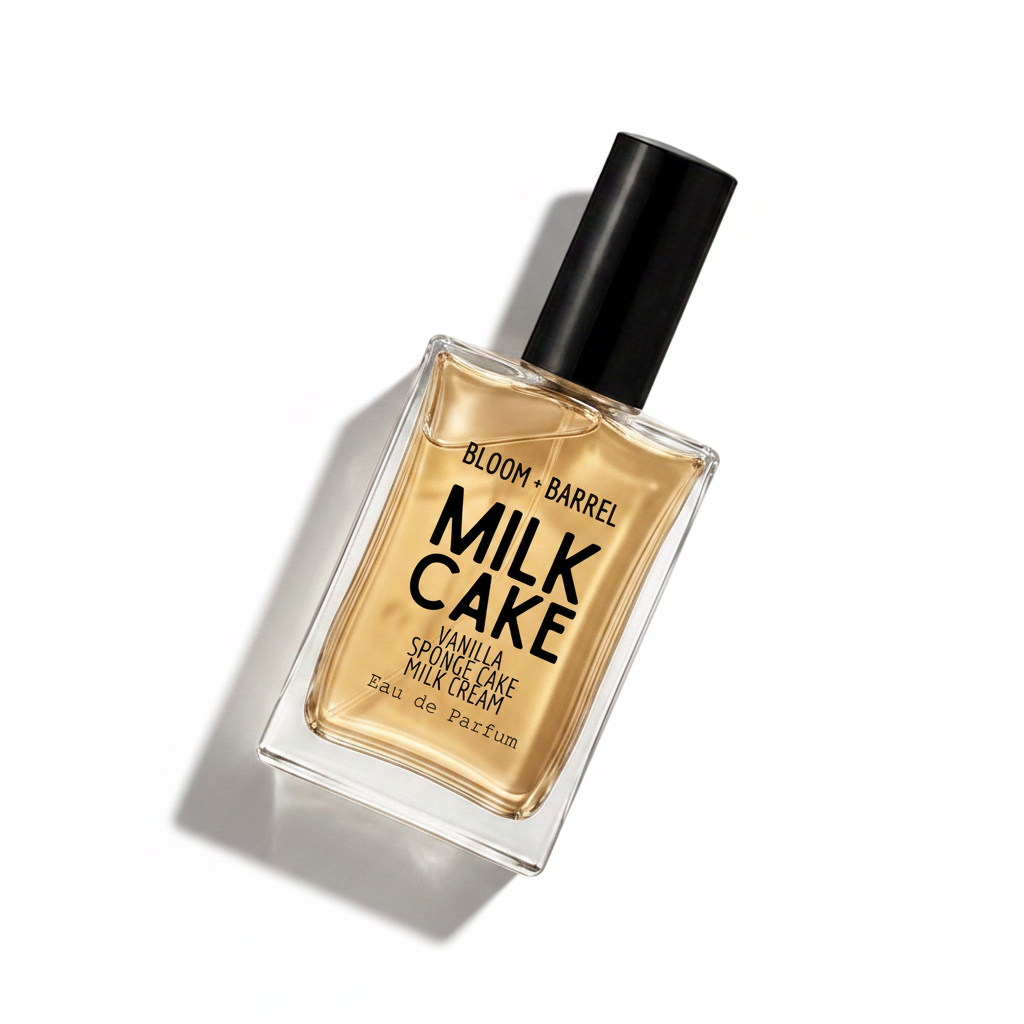 Bloom Barrel Milk Cake Vanilla Sponge Cake Milk Cream Eau de Parfum in a clear rectangular glass bottle with a black cap, showing the golden-amber fragrance liquid inside, on a solid white background.