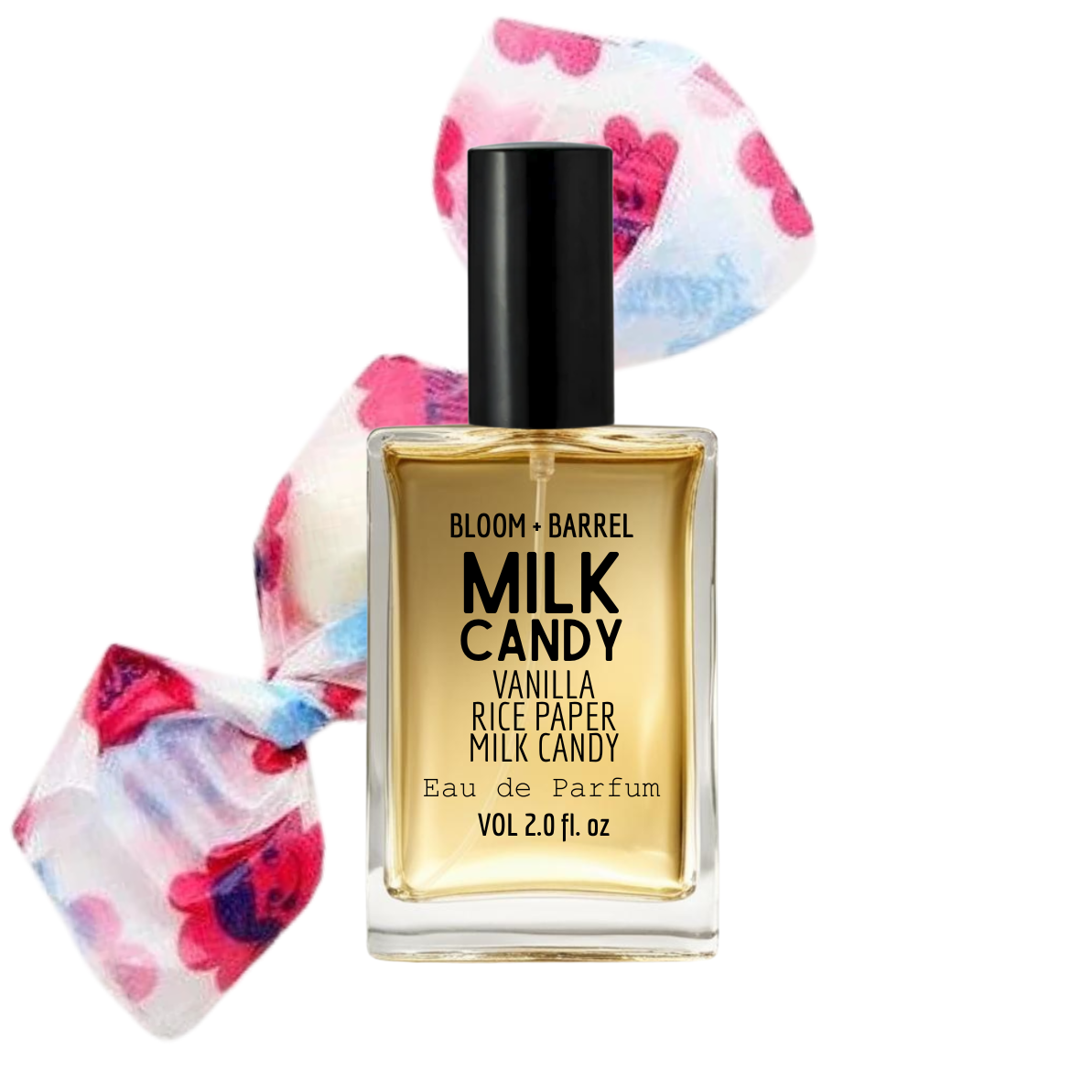 Bottle of Milk Candy perfume by Bloom & Barrel with a colorful scrunchie on a white background