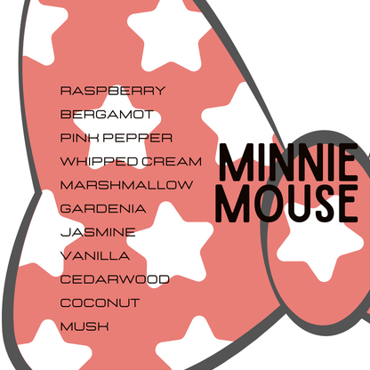 A graphic design featuring a pink and white star-patterned bow with the text 'MINNIE MOUSE' in bold black letters, alongside a list of scent names including Raspberry, Bergamot, Pinch Pepper, Whipped Cream, Marshmallow, Gardenia, Jasmine, Vanilla, Cedarwood, Coconut, and Mush.