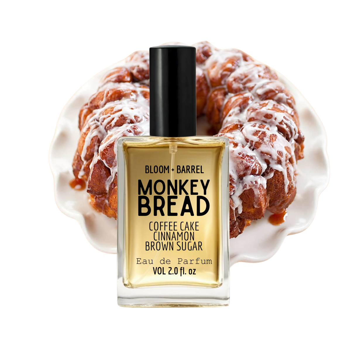 Perfume bottle labeled 'Monkey Bread' with a bundt cake in the background