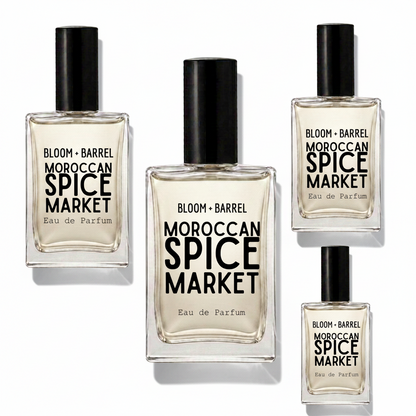 Four bottles of Bloom + Barrel Moroccan Spice Market Eau de Parfum in different sizes, arranged on a plain white background.