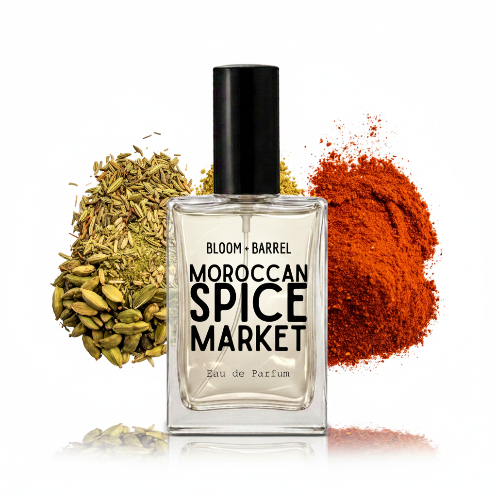A clear glass perfume bottle labeled 'BLOOM • BARREL MOROCCAN SPICE MARKET Eau de Parfum' with a black cap, centered on a white background and flanked by piles of green cardamom and red chili powder.